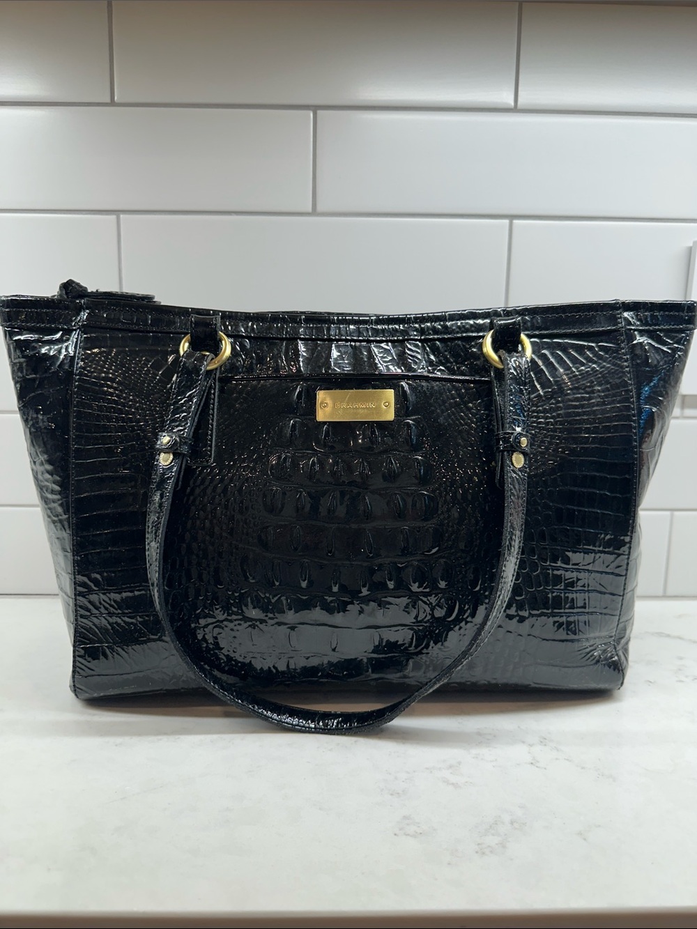Brahmin Medium Asher Black Croc-Embossed Patent Tote with Gold Hardware